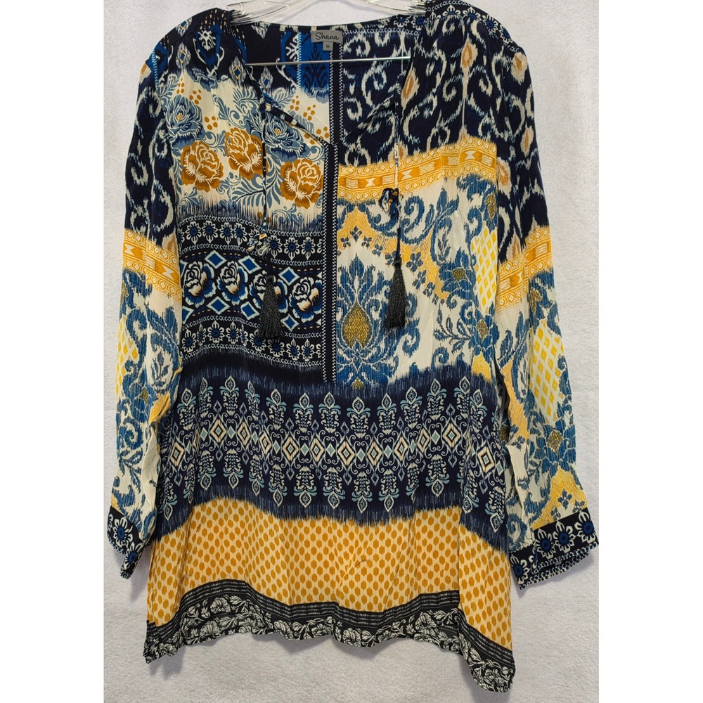 Shana Women XL Boho Tunic Mixed Patchwork Print Tassel V-Neck Viscose Silk